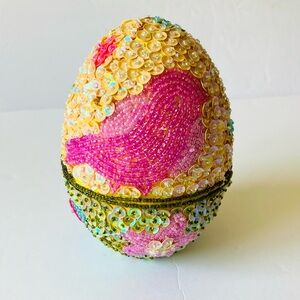 Godiva Easter Egg Beaded Sequin Trinket box Floral Bird Collectible Rare